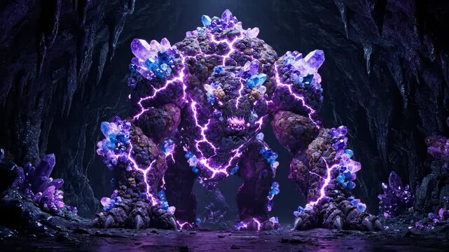 Massive rock golem studded with glowing purple crystals looms in a dark fantasy cave, radiating raw magical energy and an ancient, intimidating supernatural presence
