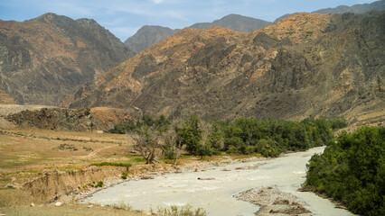 a river among the mountains. a mountain river. summer in the mountains