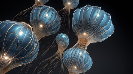 Lantern nodes with cyan cores drifting upward