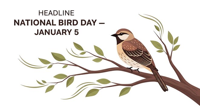 National bird day illustration with bird on branch isolated on white background