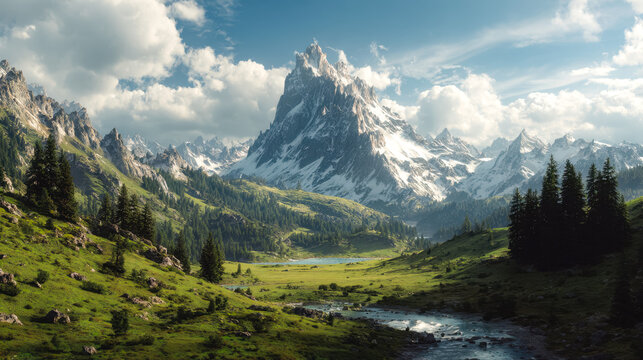 Breathtaking view of snow-capped mountains, lush green valleys, and flowing river under a partly cloudy sky