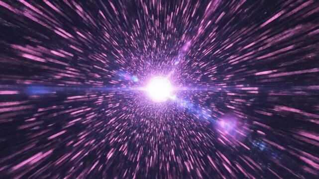 Abstract Purple Hyperspace Tunnel - An abstract illustration shows the view speeding through a tunnel of light in a purple hyperspace or wormhole. The bright light ahead is streaked with lens flares.