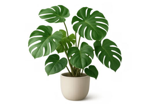Monstera deliciosa houseplant with large green leaves in a ceramic pot, natural botanical decor on transparent background - Powered by Adobe