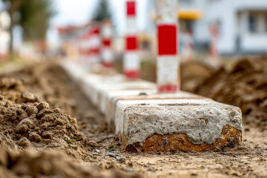 Close-up view of worn concrete boundary blocks surrounded by freshly dug earth at a construction or roadwork site with safety poles in the background