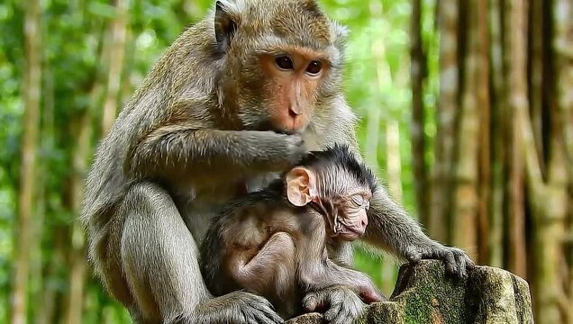 monkey day mother grooming baby macaque in jungle - Powered by Adobe