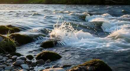 Sunlit River Rapids Flowing Over Rocks and Mossy Stones.