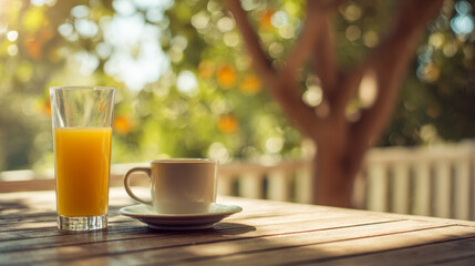 A refreshing glass of orange juice and a warm cup of coffee placed on a wooden table with a sunlit garden in the peaceful background on a bright morning