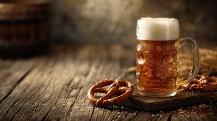 A tall glass mug filled with golden beer sits beside soft pretzels on a weathered wooden table. The setting has a warm and inviting atmosphere, perfect for enjoying snacks