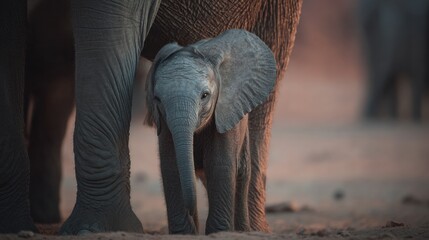 Baby Elephant Stands Protectively Close to Mother in Soft Morning Light, Showcasing Love and Connection in the Wild
