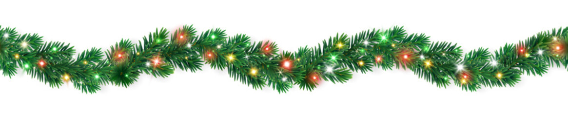 Seamless Christmas tree garland with red, green, and yellow glowing lights. Bright festive border. Lush fir branches. For winter holiday banners and cards. Transparent background in vector file.