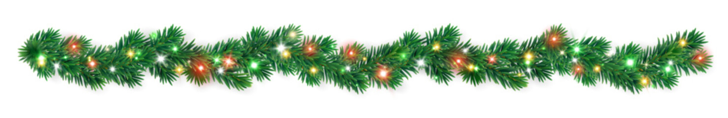 Christmas garland of fir branches with glowing red, yellow, and green lights. Bright decorative border for festive design, cards, and banners. Transparent background in vector file.