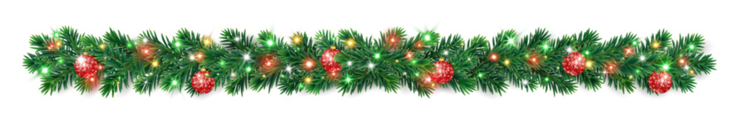 Christmas garland of lush fir branches decorated with red glitter ornaments and glowing colorful lights. Bright festive border for holiday banners and cards. Transparent background in vector file. © Olga Prozorova