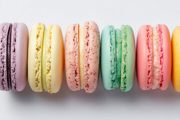 Top view of colorful macarons on white background. Multicolour macaroon sweet dessert French cuisine style for coffee break