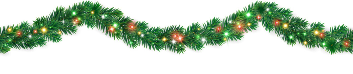 Seamless Christmas tree garland with multicolor glowing lights and realistic fir branches. Festive bright border for winter holiday design. Transparent background in vector file.