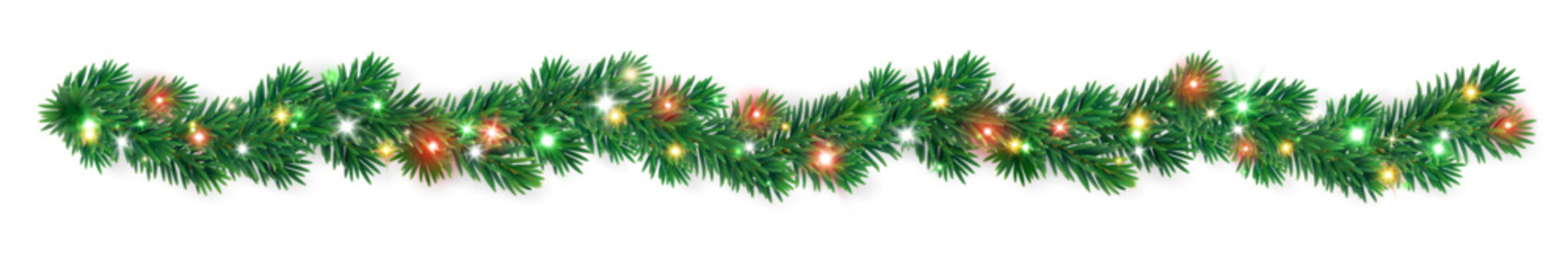 Christmas garland of fir branches with glowing red, yellow, and green lights. Bright decorative border for festive design, cards, and banners. Transparent background in vector file.