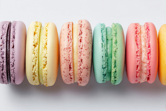 Top view of colorful macarons on white background. Multicolour macaroon sweet dessert French cuisine style for coffee break