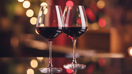 Two elegant glasses filled with rich red wine sit ready for a celebratory toast amidst soft, glowing bokeh lights
