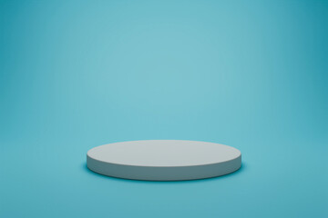  white cylinder podium is statically placed in the center of a blue background