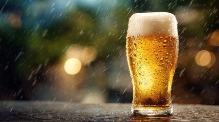 A cold glass of beer sits on a wooden surface as raindrops fall around it. The evening light creates a warm, inviting atmosphere in the city