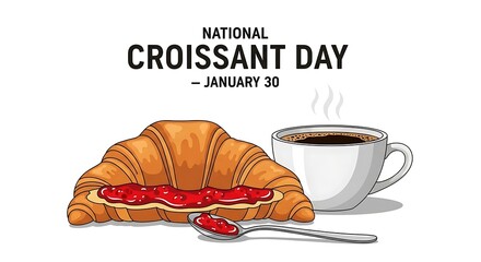 Enjoying national croissant day with coffee and jam isolated on white background