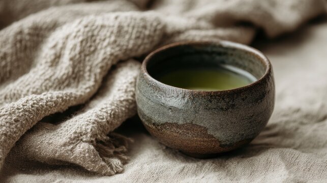 Mindfulness Ritual With Calming Matcha Tea Enjoyed on a Linen Surface During a Peaceful Moment