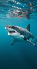 Fototapeta premium Great White Shark Swimming Underwater Oceanic Predator Dangerous Force