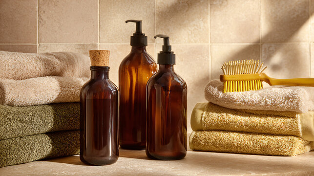Luxurious spa essentials amber bottles and soft towels create a serene self care sanctuary