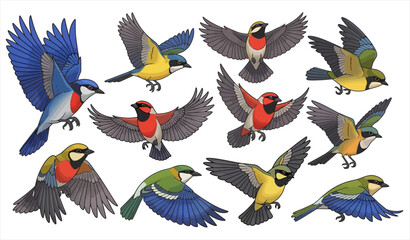 collection of colorful bird icons in flight