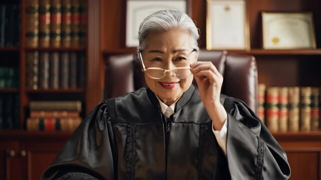Smiling Female Judge in Court - An older, Asian female judge wearing a black robe and glasses smiles at the camera while seated in a courtroom.