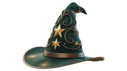 Mystical emerald wizard hat adorned with shimmering gold stars and ornate swirls, perfect for fantasy and magic-themed projects.
