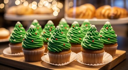 Delightful Christmas tree cupcakes adorned with festive green frosting and red white sprinkles create a joyous holiday celebration scene.