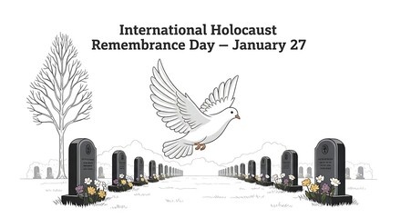 International holocaust remembrance day on january 27 with dove and tombstones