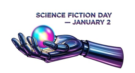 Science fiction day with robotic hand holding orb isolated on white background
