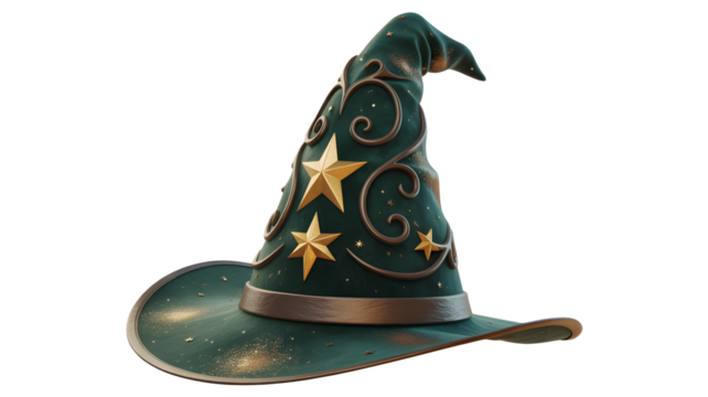 Mystical emerald wizard hat adorned with shimmering gold stars and ornate swirls, perfect for fantasy and magic-themed projects.