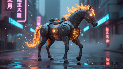Mechanical Horse with Fiery Mane Posing in Urban Night Environment