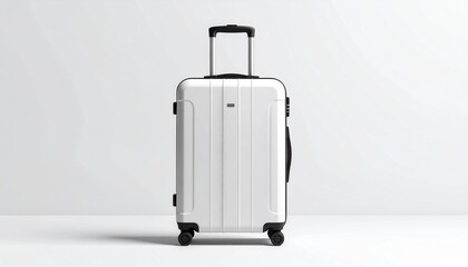 Sleek white hardshell rolling suitcase on a minimalist background, ready for efficient travel and packing adventures