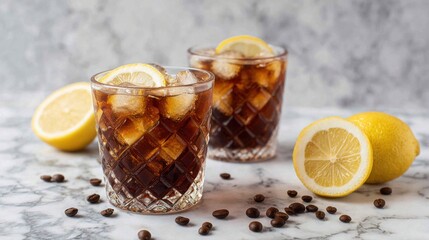Two glasses filled with iced coffee sit on a marble counter. Fresh lemon slices and whole lemons surround the glasses. Coffee beans add texture to the scene