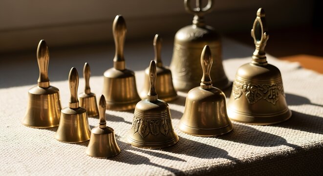 Gathered collection of various antique brass handbells casting elegant shadows in warm natural light, evoking nostalgia and vintage charm.