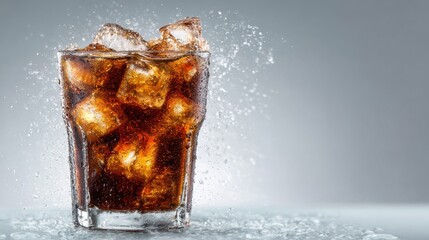 A glass filled with cola and ice cubes sits on a smooth surface. Water droplets slide down the glass, creating a refreshing scene perfect for hot days or gatherings