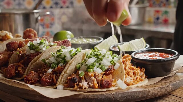 Fresh Tacos with Lime Squeeze - A hand squeezes lime juice over a wooden board filled with delicious tacos topped with chopped onions and various meats.