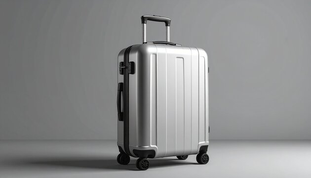 Sleek metallic silver rolling luggage with a retractable handle, isolated on a clean grey background for travel and vacation concepts