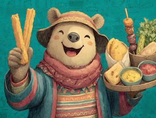 A joyful, anthropomorphic bear wearing a straw hat and colorful scarf holds up churros and a tray of delicious Mexican food and snacks