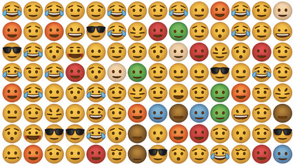 Vibrant collection of diverse expressive emoji faces showcasing a spectrum of emotions perfect for digital communication and creative projects