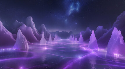 Surreal Landscape of Lavender Mountains Reflecting in Glowing Water Under Starry Sky