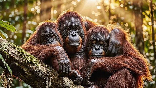 monkey day three orangutans huddling together in lush jungle sunlight
