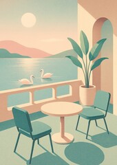 Obraz premium Serene lakeside view illustration.