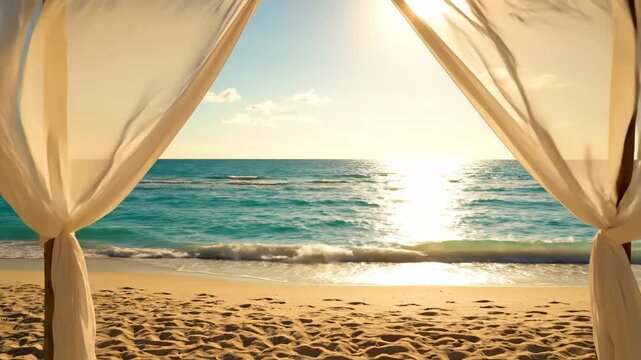 Tropical Beach View from Canopy - A view of the ocean through a wedding canopy with white, flowing fabric. The sandy beach and turquoise water create a serene and tropical scene.