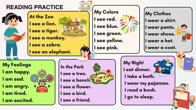 Engaging and colorful English language learning practice for young children, focusing on basic vocabulary, reading comprehension, and daily life concepts through simple illustrations