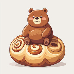 Chubby bear sitting on cinnamon roll like cushion