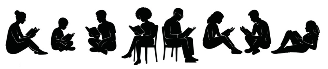 Set of people silhouettes reading books including men women and children sitting on floor or chair relaxing and studying black vector collection for education and literature themes